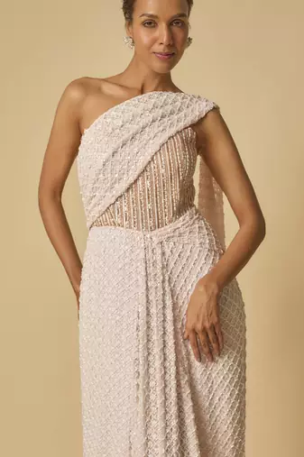 Baby pink heavy embroidered corset pre-stitched gown saree