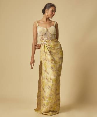 Yellow brocade embroidered corset drape gown 1
