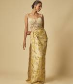 Yellow brocade embroidered corset drape gown