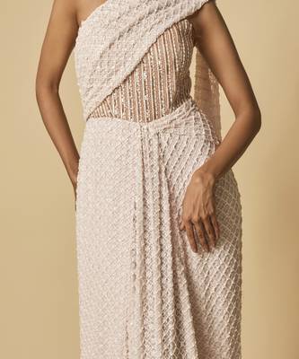 Baby pink heavy embroidered corset pre-stitched gown saree 3