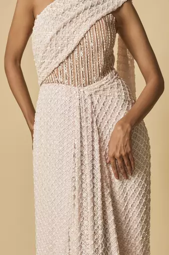 Baby pink heavy embroidered corset pre-stitched gown saree