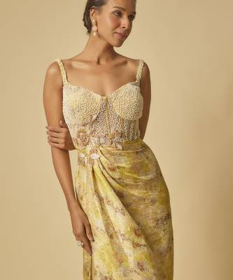 Yellow brocade embroidered corset drape gown 2