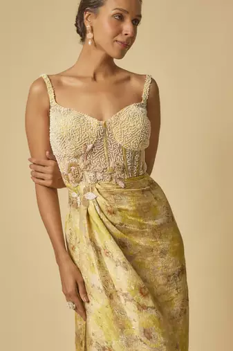 Yellow brocade embroidered corset drape gown