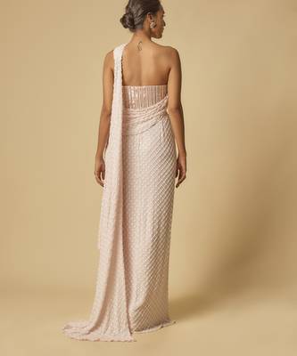 Baby pink heavy embroidered corset pre-stitched gown saree 4