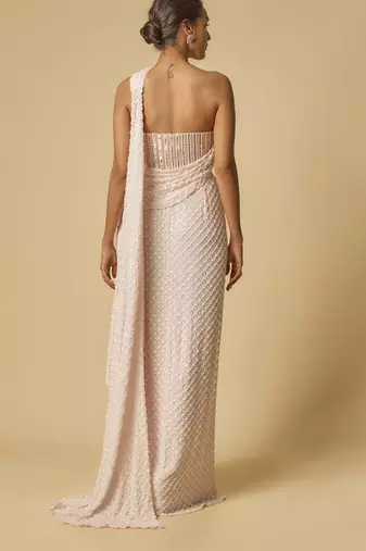 Baby pink heavy embroidered corset pre-stitched gown saree