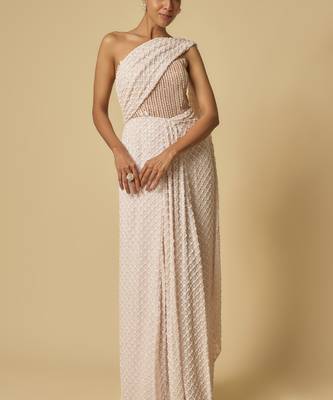Baby pink heavy embroidered corset pre-stitched gown saree 5