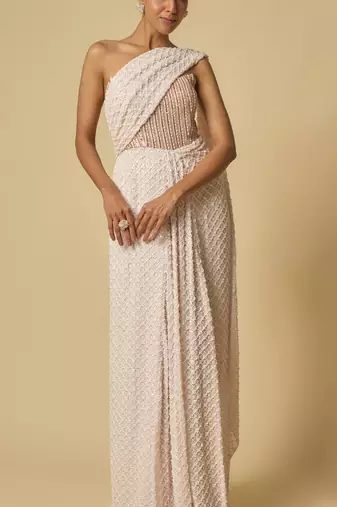 Baby pink heavy embroidered corset pre-stitched gown saree