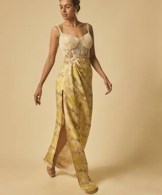 Yellow brocade embroidered corset drape gown 4