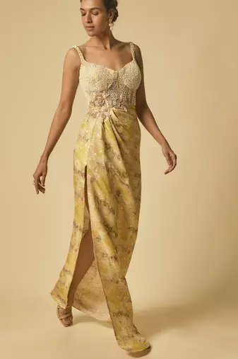 Yellow brocade embroidered corset drape gown
