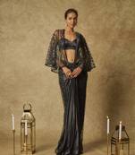 Black embroidered pre-stitched drape saree with cape