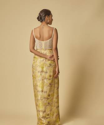 Yellow brocade embroidered corset drape gown 5