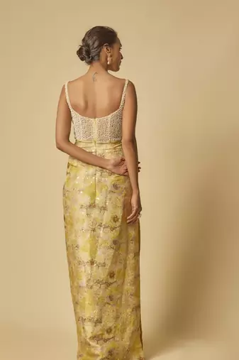 Yellow brocade embroidered corset drape gown