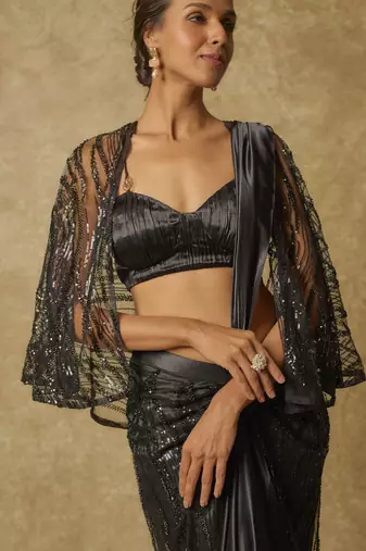 Black embroidered pre-stitched drape saree with cape