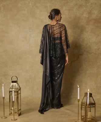 Black embroidered pre-stitched drape saree with cape 4