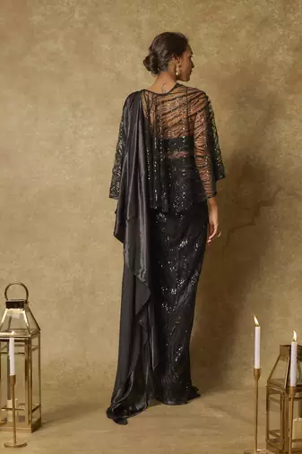 Black embroidered pre-stitched drape saree with cape