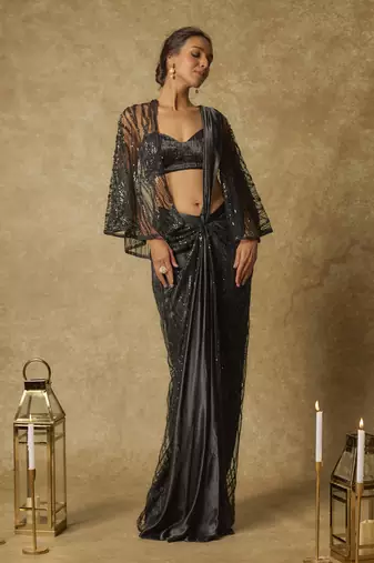 Black embroidered pre-stitched drape saree with cape