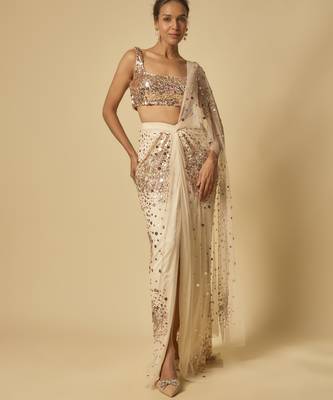 Beige sequin embroidered pre-stitched drape saree 1