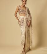 Beige sequin embroidered pre-stitched drape saree