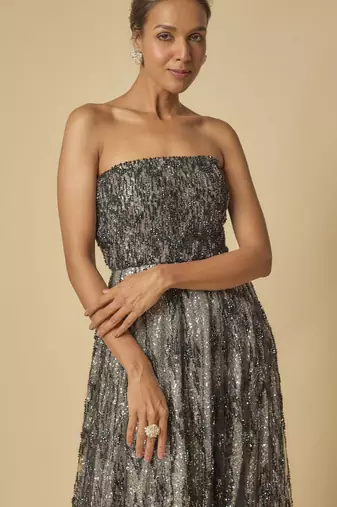 Black and silver embroidered corset gown