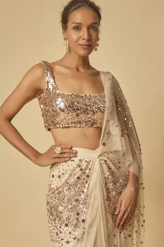Beige sequin embroidered pre-stitched drape saree