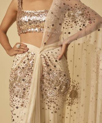 Beige sequin embroidered pre-stitched drape saree 3