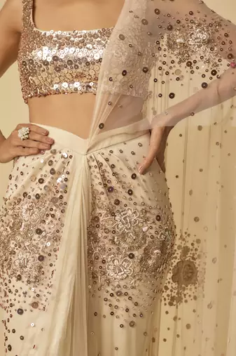Beige sequin embroidered pre-stitched drape saree