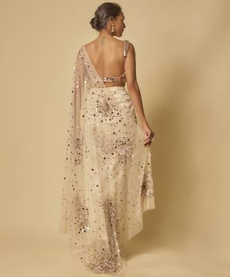 Beige sequin embroidered pre-stitched drape saree 4