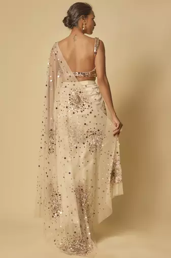 Beige sequin embroidered pre-stitched drape saree