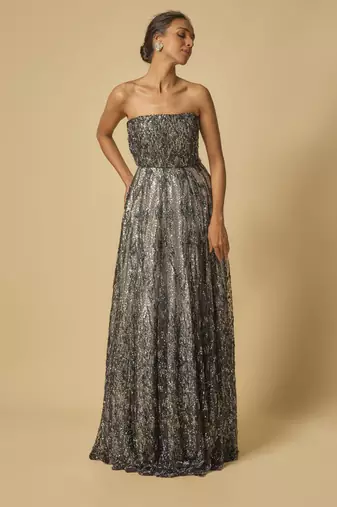 Black and silver embroidered corset gown