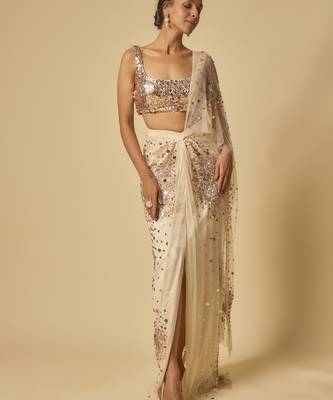 Beige sequin embroidered pre-stitched drape saree 5