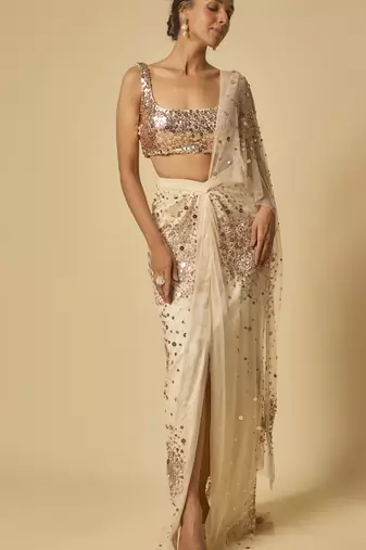 Beige sequin embroidered pre-stitched drape saree