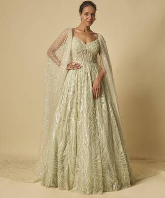 Sage green embroidered gown.with long cape 1