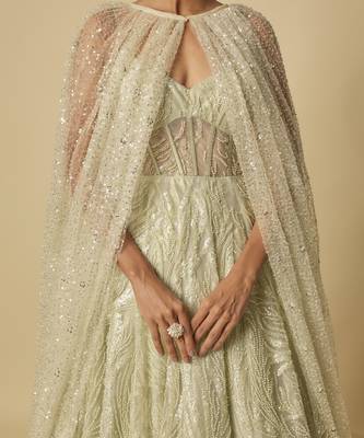 Sage green embroidered gown.with long cape 2