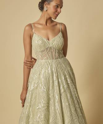 Sage green embroidered gown.with long cape 3