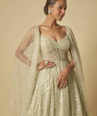 Sage green embroidered gown.with long cape 5