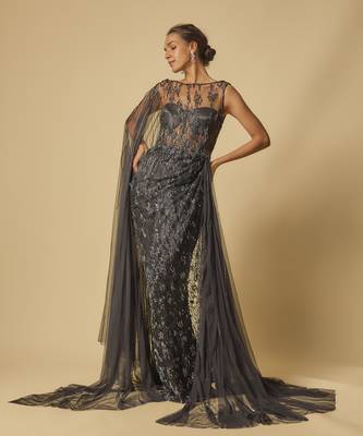 Black embroidered drape gown 1