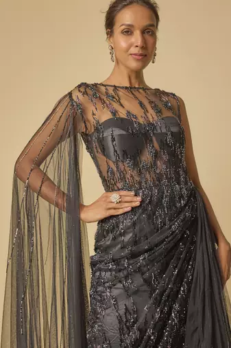 Black embroidered drape gown