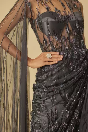 Black embroidered drape gown
