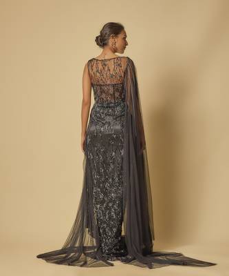 Black embroidered drape gown 4