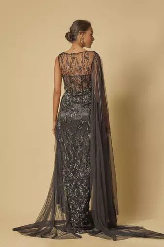 Black embroidered drape gown