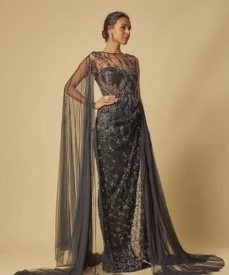 Black embroidered drape gown 5