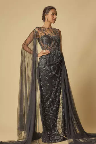 Black embroidered drape gown
