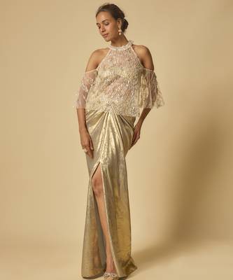 Gold metallic drape skirt set with embroidered cape 1
