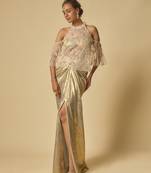 Gold metallic drape skirt set with embroidered cape