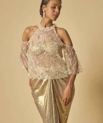 Gold metallic drape skirt set with embroidered cape 2