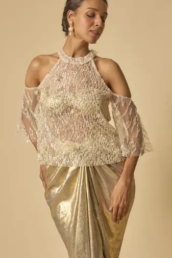 Gold metallic drape skirt set with embroidered cape
