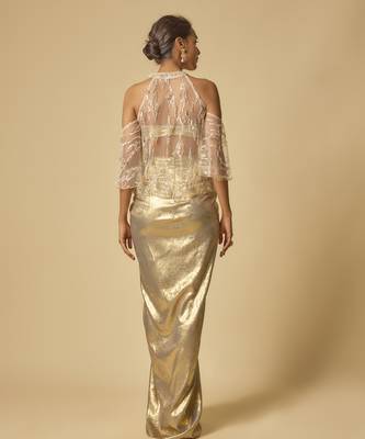 Gold metallic drape skirt set with embroidered cape 3