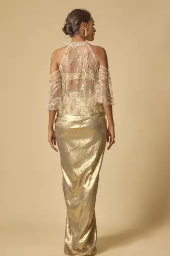 Gold metallic drape skirt set with embroidered cape