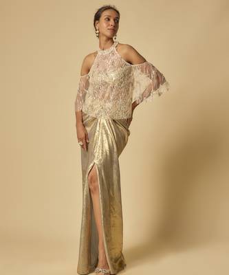 Gold metallic drape skirt set with embroidered cape 5