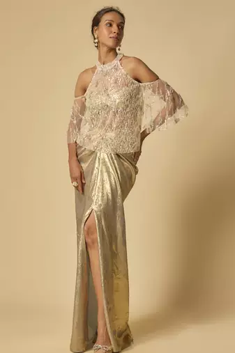 Gold metallic drape skirt set with embroidered cape